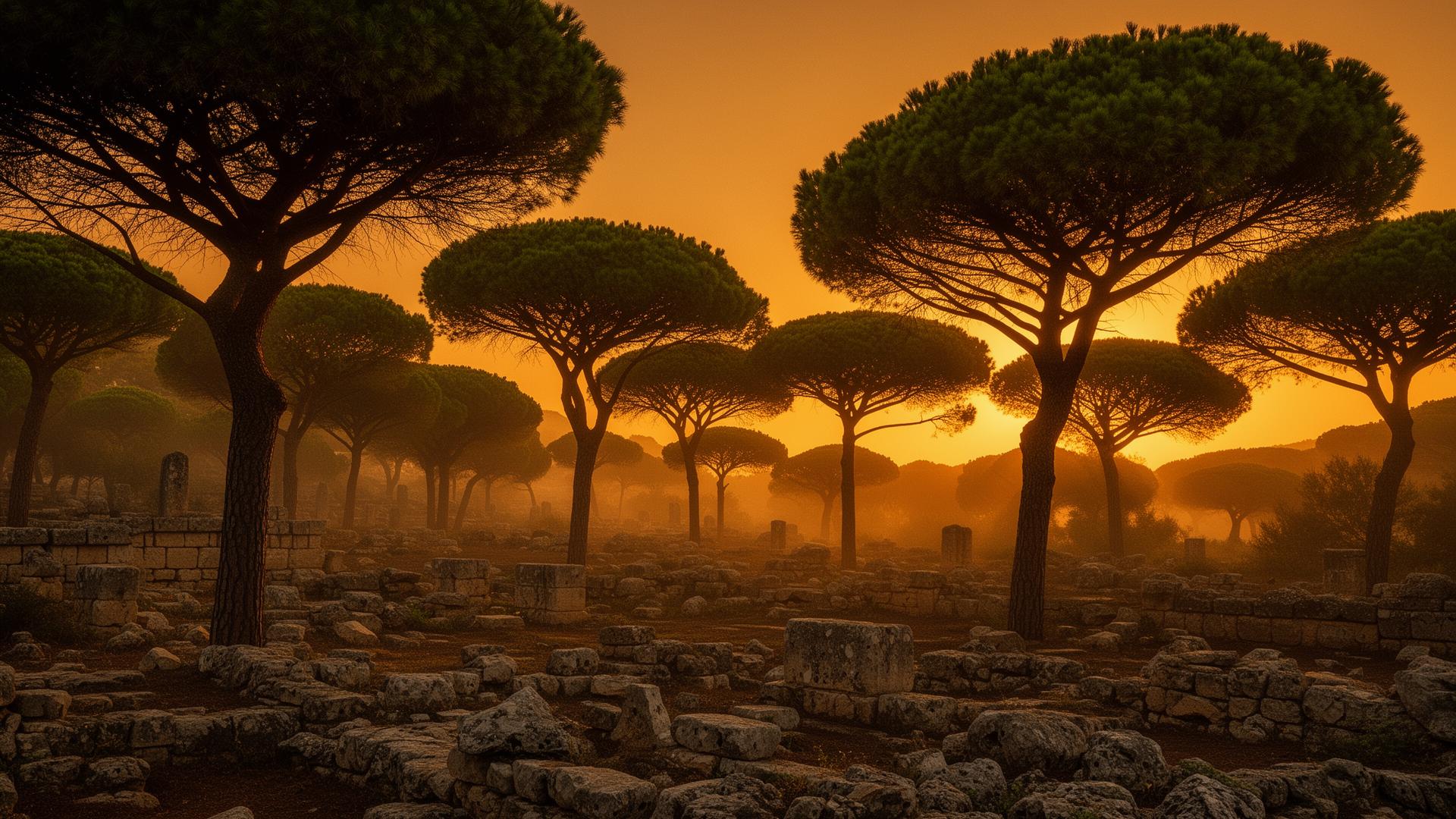 Bosque de pino piñonero (Pinus pinea) al atardecer en la Sierra de Aracena
