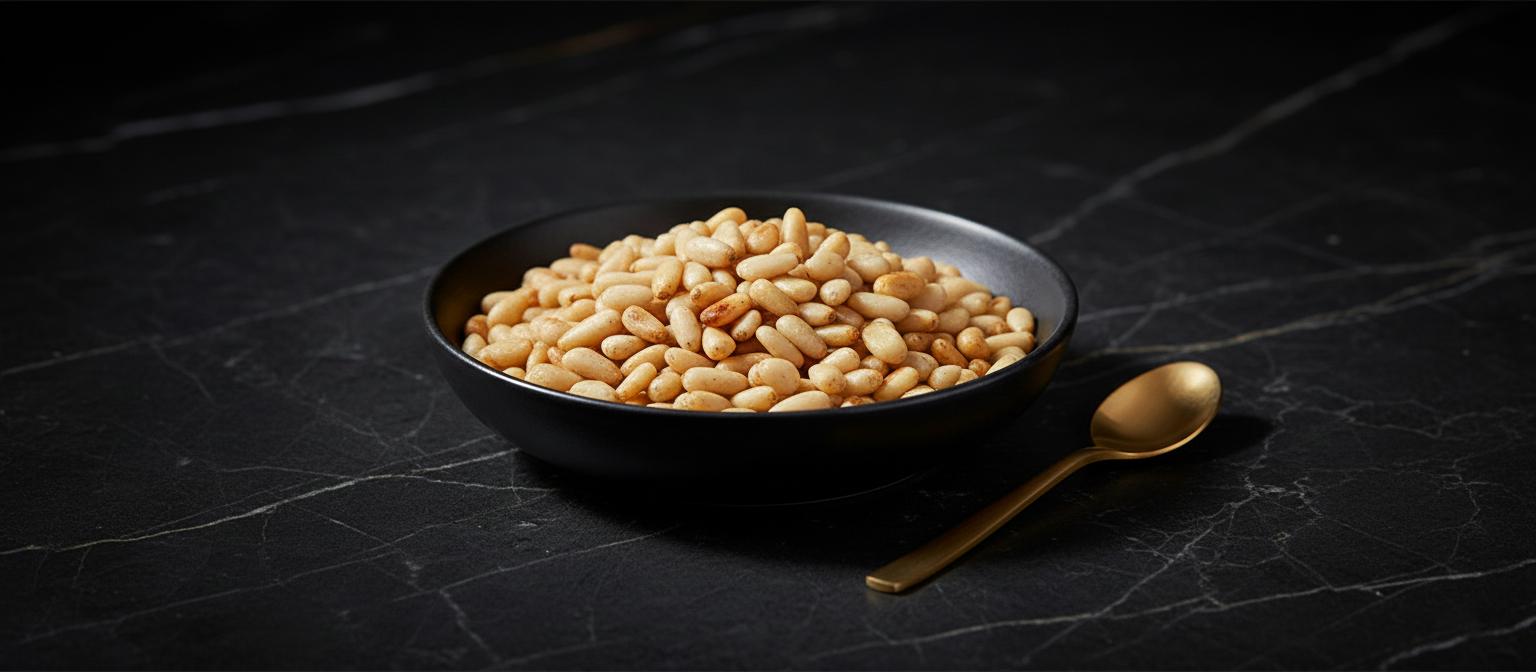 Mesa minimalista con piñones ibéricos sobre plato de cerámica