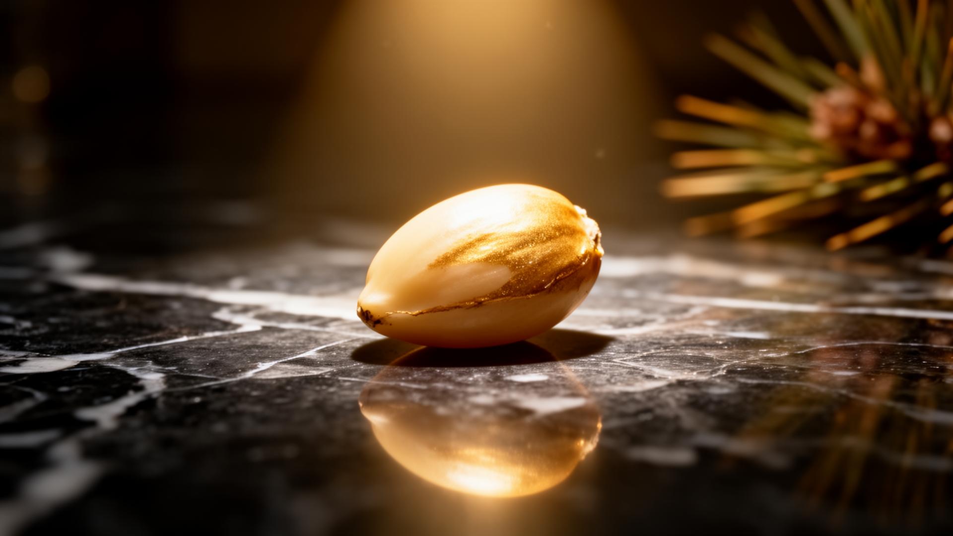 Núcleo de Piñón Ibérico (Pinus pinea) bajo iluminación de estudio sobre mármol